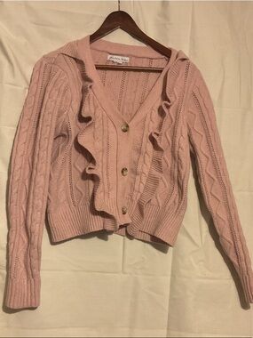 Pink Ruffled Cable-Knit Cardigan Sweater